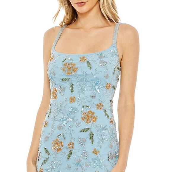 Mac Duggal Beaded Floral Column Gown Dress Sleeveless Dusty Blue Size 16 NWT - Picture 2 of 14